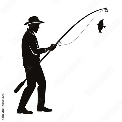 Fisherman silhouette with a fish caught on his line