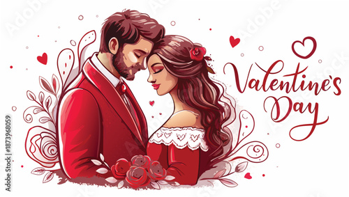 Loving couple embracing on valentine's day with red hearts and flowers