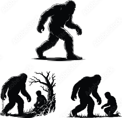 Bigfoot silhouette illustration set, mysterious sasquatch creature encounters with human, forest myth concept, black vector art isolated