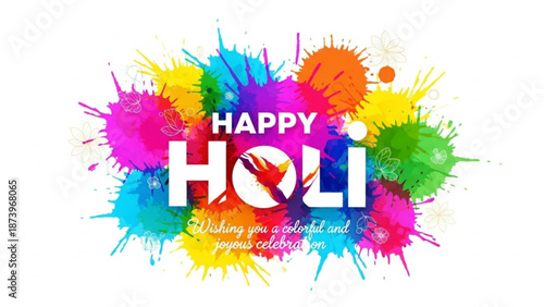 Vibrant holi celebration background with colorful paint splatters and happy holi text in white on bright multicolored ink stains with festival