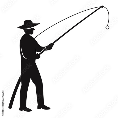 Silhouette of a fisherman casting his line with a hat and rod