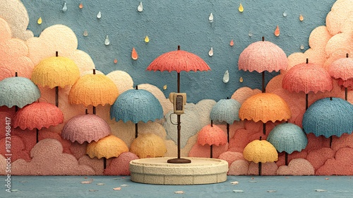 Colorful umbrellas arranged on a stage with clouds and rain image photo
