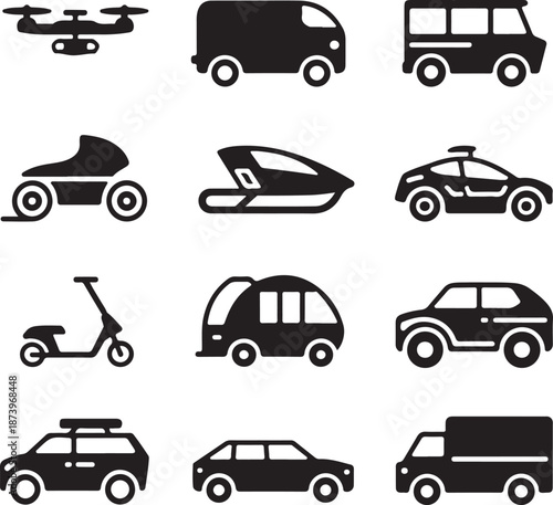 black silhouettes of various vehicles and a drone on white background