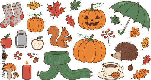Autumn cozy elements, pumpkin, socks, squirrel, hedgehog, leaves, umbrella, tea, candle, apple, acorn, scarf, berries, mushrooms, fall