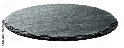 Obraz  z motywem A round, dark gray, rough-edged, slate-like serving board floating on a black background