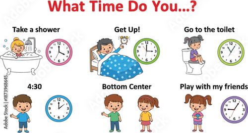 Educational vector set for children featuring healthy daily habits, hygiene routines, and analog clocks for time-telling lessons.