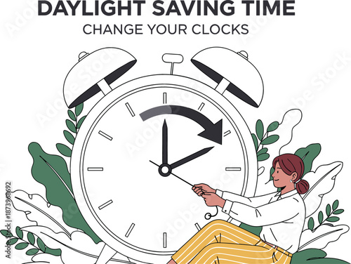 Flat vector illustration of a woman adjusting a large alarm clock for Daylight Saving Time with leaf accents.