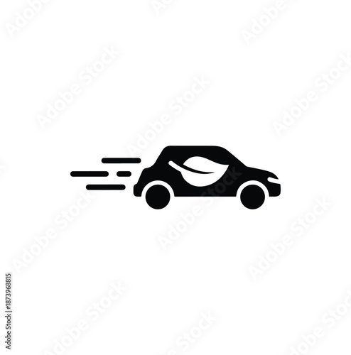 Eco-friendly Car with a leaf logo, promoting sustainable transportation. The car is depicted in motion, symbolizing speed and eco-consciousness