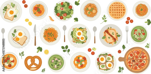 Colorful plated meals, diverse international dishes, breakfast, lunch, dinner, healthy ingredients, food styling, culinary presentation, top view