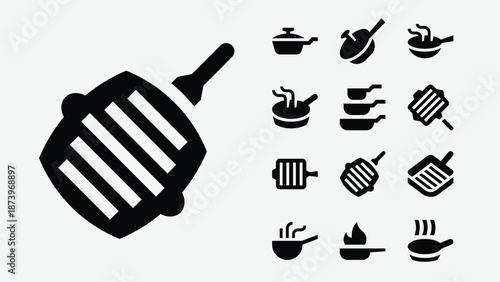Frying pans and skillets icons set