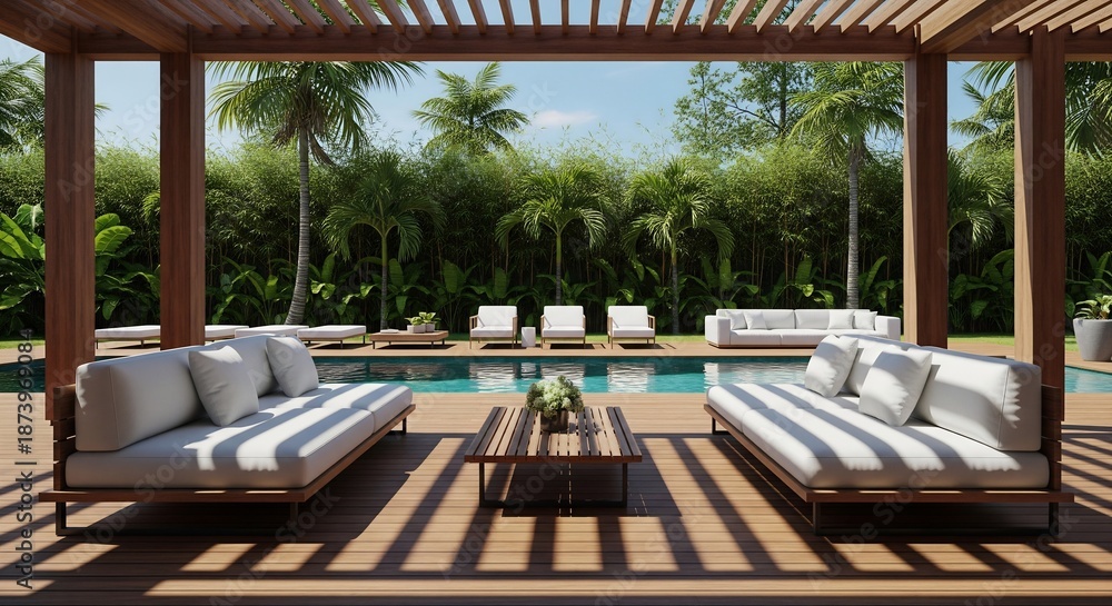 Fototapeta premium Luxurious outdoor living space with modern furniture and pool