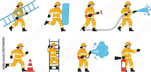 Firefighters in action, emergency response, fire safety, rescue operations, protective gear, teamwork, hose, extinguisher, ladder, shield