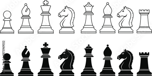Complete chess pieces set featuring king queen rook bishop knight and pawn icons in black and white silhouette and outline styles