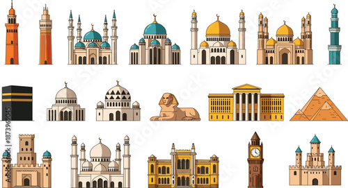 Global architecture heritage, ancient landmarks, cultural buildings, historical monuments, iconic structures, diverse styles, domes, towers, arches, columns