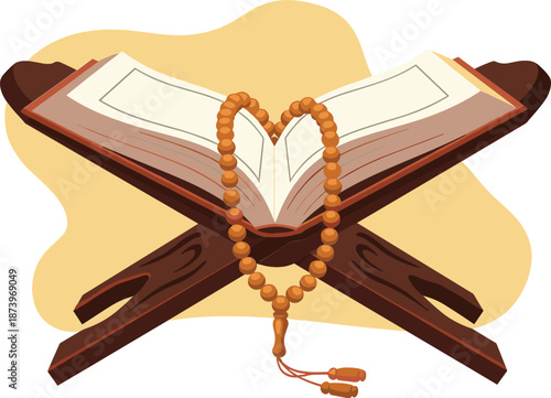 Flat vector illustration of an open Holy Quran on a rehal with prayer beads forming a heart shape.