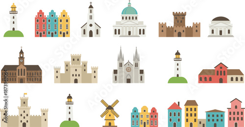 Historic architecture icons, lighthouse, cathedral, castle, church, windmill, government building, house, stylized illustration, colorful design