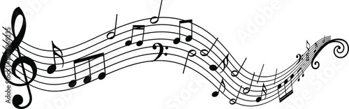 Musical notes on wavy staff lines flowing across white background featuring treble clef and various melody symbols for creative audio design