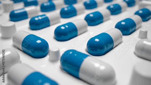 Blue and white capsules in blister pack tray