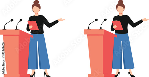 Woman giving speech at podium, public speaking presentation, leadership communication, professional event, conference, seminar, education concept