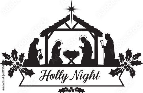 PrintNativity Scene Silhouette with “Holly Night” Text