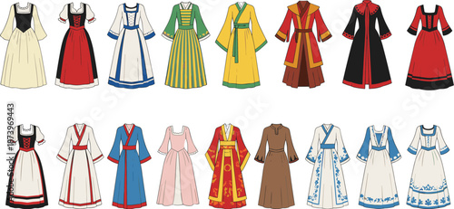 Traditional cultural dresses, ethnic fashion styles, embroidered garments, historical costumes, vibrant textiles, global heritage clothing collection