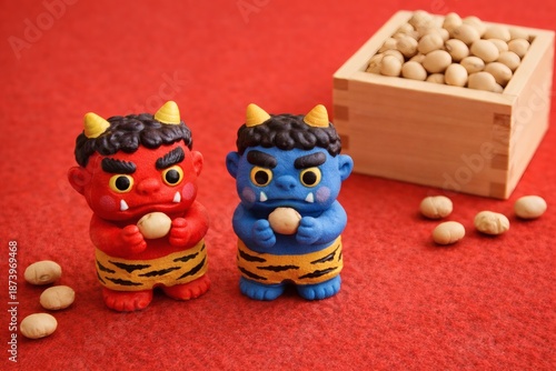 節分の赤鬼と青鬼のかわいい置物と福豆/Cute Red and Blue Oni Figurines for Setsubun Festival
