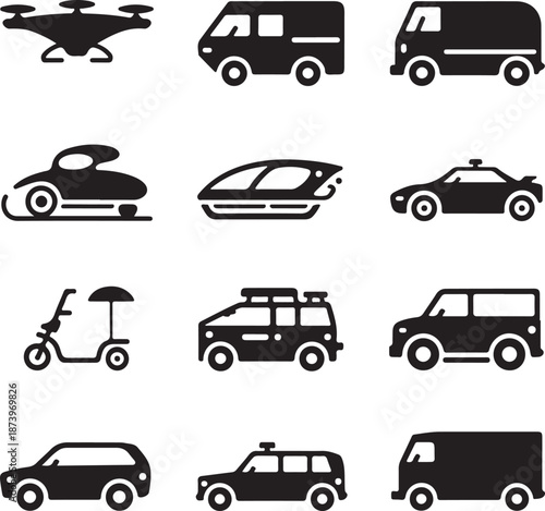 black vehicle icons on white background