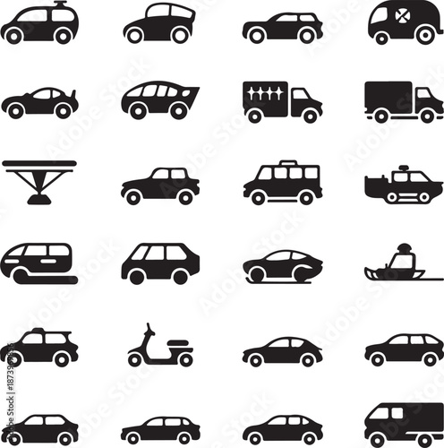 blackandwhite vehicle icons on white background