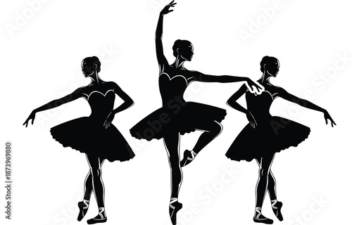 Graceful ballerina silhouette set featuring three female ballet dancers in elegant tutu skirts and classic poses for dance school performing arts and theater posters
