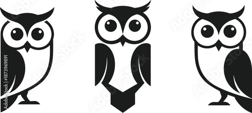Set of black and white owl icons and mascot logos featuring wise forest bird silhouettes for nocturnal nature branding and education concepts
