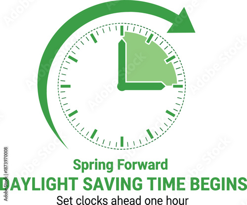 Green minimalist vector illustration for Daylight Saving Time begins featuring a clock face with a spring forward arrow.