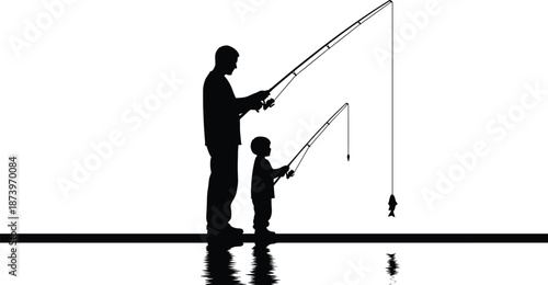 Father and son fishing together silhouette on a pier reflecting in water for family bonding outdoor activity and fatherhood concept illustration