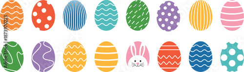 Colorful easter egg icon set, festive spring holiday symbols, cute flat vector illustration collection for decoration, cards, kids design
