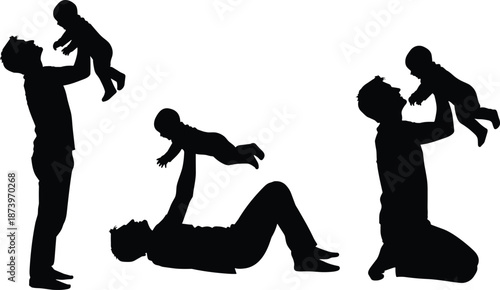Father playing with baby silhouette set featuring dad lifting child in air for family bonding fatherhood love and parental care concepts