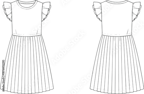 White baby girl ruffle dress mockup vector template featuring front and back view with pleated skirt and flutter sleeves for fashion apparel branding