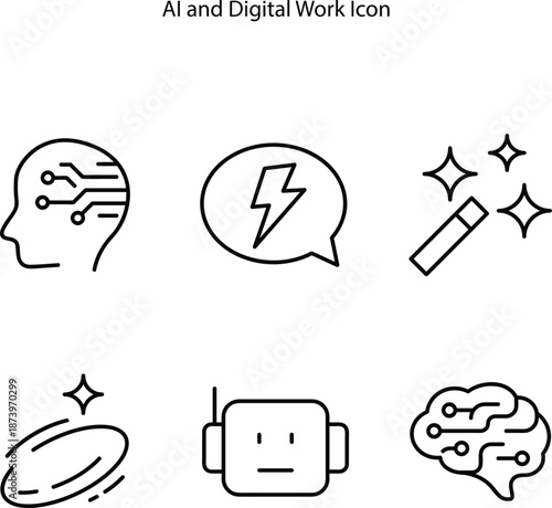 Artificial Intelligence icons set containing a human head and circuit lines, a magic wand, and a spark (AI automation) Chat bubble with lightning bolt, Brain with nodes, Robot face minimal
