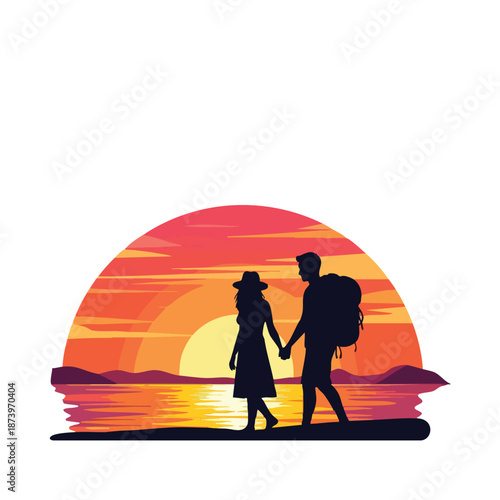 Silhouette of a romantic couple holding hands against a vibrant sunset over a serene body of water with a warm color palette.
