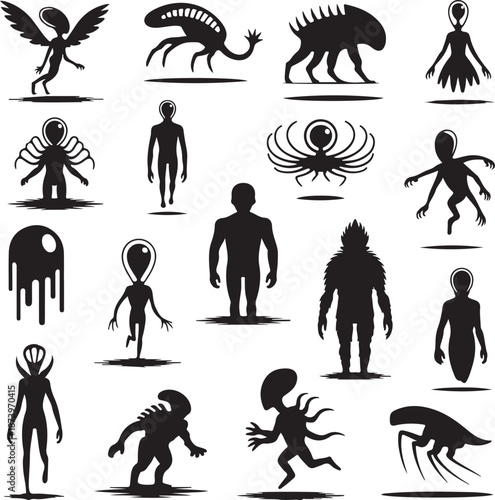 collection of alien monster and creature silhouettes on white background