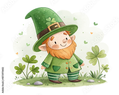 St. Patrick’s Day Watercolor Gnome, Adorable Irish Holiday Character Vector on White Background