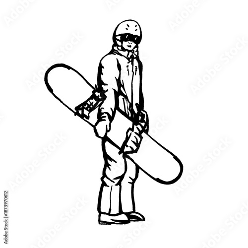 Snowboarder standing full length, holding board in front of her. Black and white outline illustration, hand drawn work isolated on white background.	