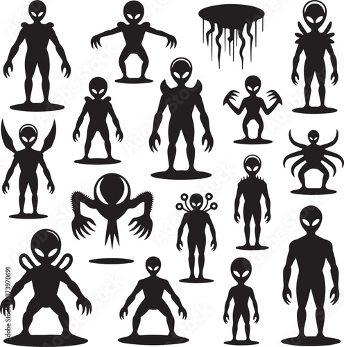 Collection of alien silhouettes in various poses and shapes