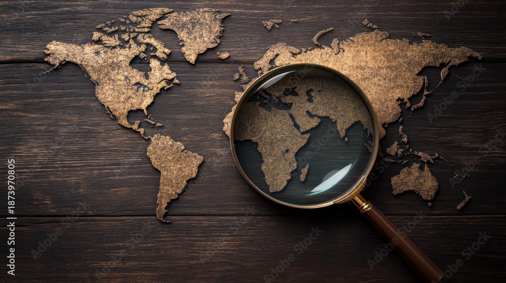 Fototapeta premium A magnifying glass is held over a detailed vintage world map etched on a wooden surface for exploration and discovery