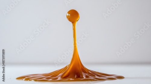 A single droplet of viscous orange fluid suspended mid-air creating an abstract shape against a white background