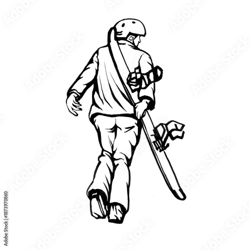 Snowboarder carrying board. Black and white outline illustration, hand drawn work isolated on white background.	