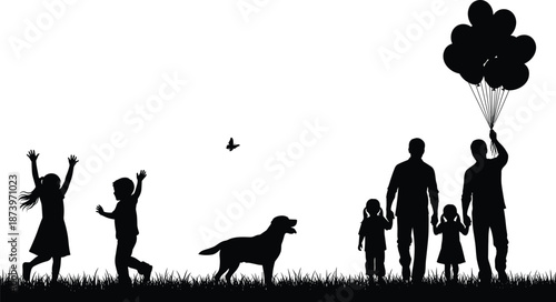 Black silhouette of family and dog enjoying outdoor playtime with balloons and bird for themes of joy, nature, and togetherness.