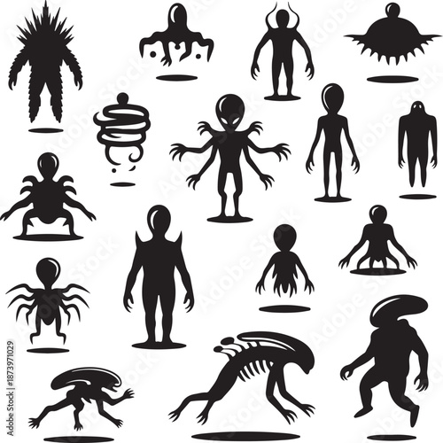 Collection of various alien silhouettes on white background