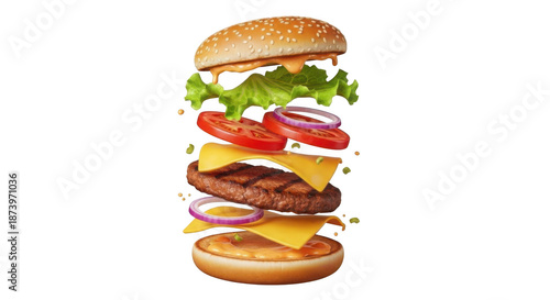 A mouthwatering double cheeseburger with lettuce tomato and onion isolated on transparent background
