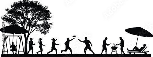   
Black silhouette of people enjoying outdoor leisure activities in park setting with swing, Frisbee, barbecue, and umbrella for social and nature themes.