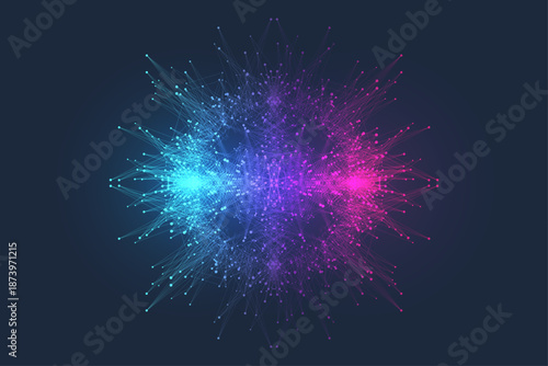 Scientific vector illustration quantum computer technology. Plexus fiction effect. Deep learning artificial intelligence. Big data algorithms visualization. Quantum explosion background.