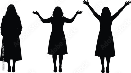Black silhouette of woman in dress expressing emotion through three distinct arm poses for themes of gesture, fashion, and body language illustration.